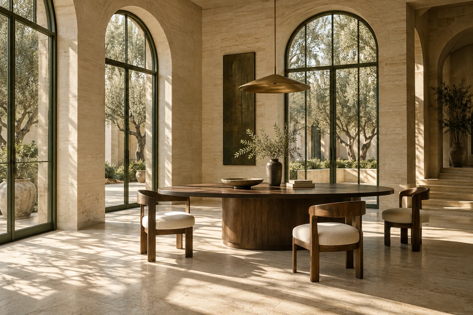 Original AI-created architectural concept of Meridian’s travertine workspace